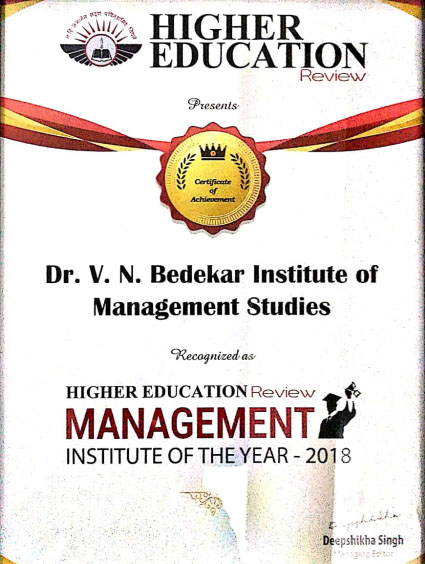 Management Institute Of The Year - 2018 By Higher Education Review 