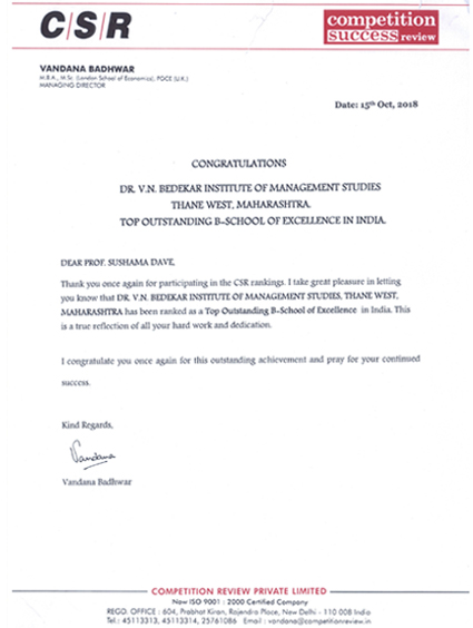 Competition Success Review rates Dr. V. N. Bedekar Institute Of Management Studies as the 'Top Outstanding B-School of Excellence In India'